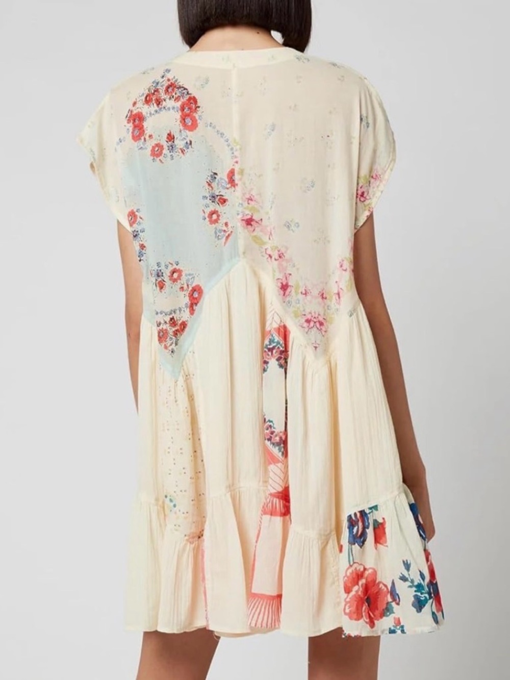 Boho Mini Dress Y2k Floral Print Deep V-Neck Puff Sleeve babydoll dress - Picture 3 of 8